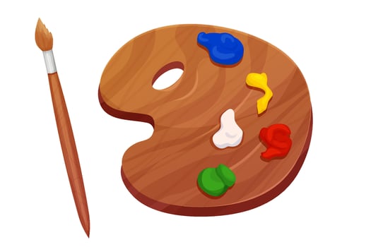 Wood pallette for paint with paintbrush, painters equipment for using and mixing colors isolated on white background. vector