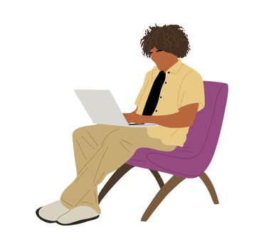 Young man sitting on chair, working at laptop. vector