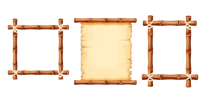 Set Bamboo frames with old parchment paper decorated with rope in cartoon style isolated on white background. Game ui board, sign vector