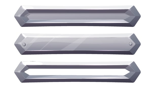 Set metalbar, plate, steel frame, iron panel game menu in cartoon style silver color isolated ob white background. Board template. vector