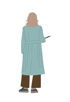 Woman standing rear view with digital tablet. vector