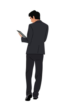 Business man rear view holding digital tablet. vector