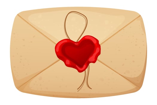 Envelope, romantic love letter with wax seal, rope and heart shape rope isolated on white background. vector
