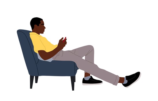Black Guy sitting in armchair, using smart phone. vector
