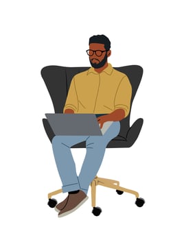 Business man sitting in chair, working on Laptop. vector