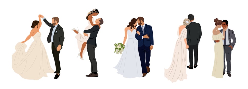 Set of different wedding couples isolated. vector