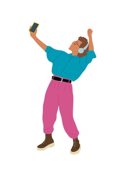 Joyful woman wearing headphones listening to music vector