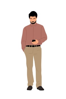 Business man standing with mobile phone isolated. vector
