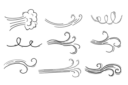 Wind motion doodle line swirl hand drawn steam weather blow isolated on white background. Atmosphere action element. vector