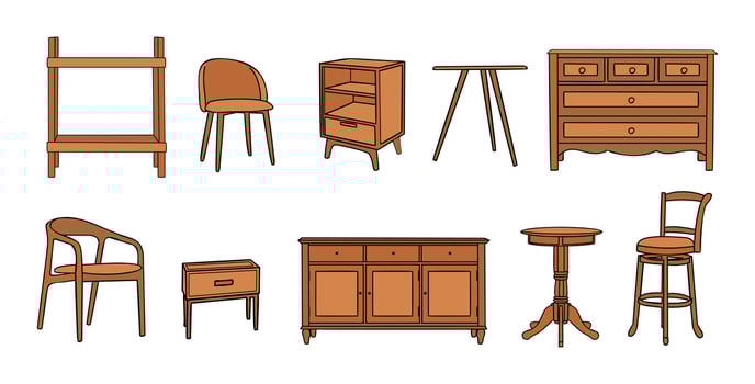 Set of modern wooden furniture isolated. vector