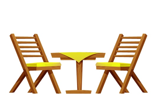 Picnic table with chair set wooden furniture, wood desk with leg and tablecloth, rustic construction isolated on white background. Comic wooden textured coffee table. vector