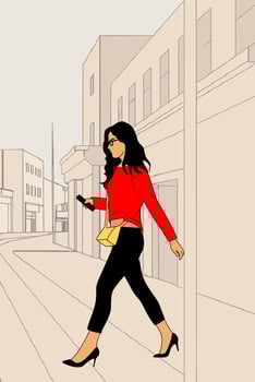 Business woman going along city street . vector