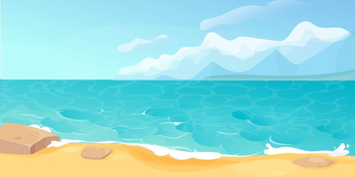 Ocean summer beach sea seashore, coastline with sand and stones, with mountains on horizon. Seaside landscape, tropical beach landscape vector