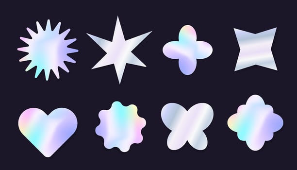Holographic y2k future metal badge, stamp, trendy colored sticker set heart and abstract shapes. Silver foil tag collection vector