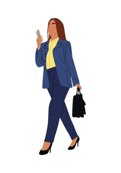Modern business woman walking with phone side view vector