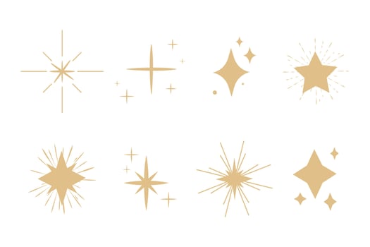 Celestial star blink doodle, contour set sparkle fireworks, holiday party explosion isolated on white background. Golden magic celestial starburst. vector