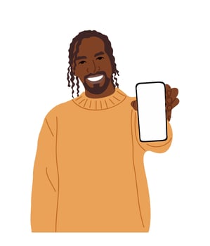 A man holding up a phone with a blank screen vector