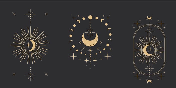 Set gold moon celestial tattoo or tarot astrology magic element with rays, stars, burst minimal line border or decoration isolated on dark background. Space symbols, emblem. vector