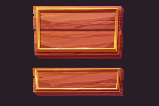 Golden frame wooden plank game medieval menu, user interface shiny border. Empty borders in medieval style, fantasy decoration different shapes isolated on dark background. vector