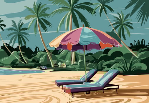 Tropical beach with palm trees and umbrellas vector