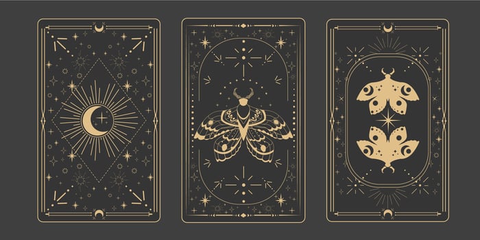Tarot reverce border magic sacred cover card frame gold line border celelstial mystery esoteric decoration with moth stars and moon on dark background. vector
