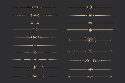 Golden divider celestial border with stars moon and sun thin line elegant simple decoration, mystic tarot separator, minimalist magic gold design element on dark background vector