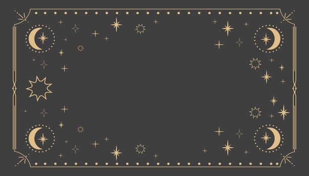 Golden celestial minimal esoteric frame, thin line border, mystyc linear decoration with dots, moon, stars corners isolated on dark background. Geometric shape, tarrot vector