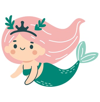 Cute mermaid swimming on white background. Flat illustration in simple child style vector
