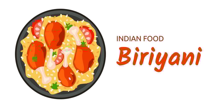 Indian food Biryani - dish of basmati rice, chicken legs on dark plate. Kerala style chicken dhum. Gira, spices and tomatoes. Meal Ramandan. Top view on white background isolated. illustration vector