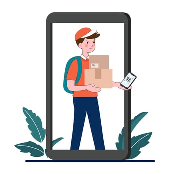 Contactless cashless payment with qr code on mobile phone for delivery shopping online. Modern technologies. Cartoon flat illustration vector