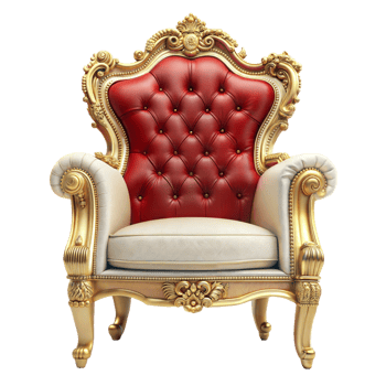 A gold and red chair with white cushions png