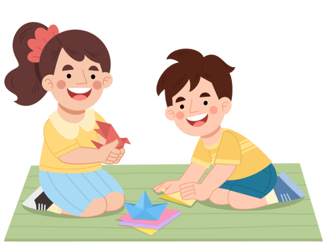 Boy and girl playing folding paper cartoon illustration png