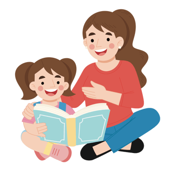 Little girl reading book with mother cartoon illustration png