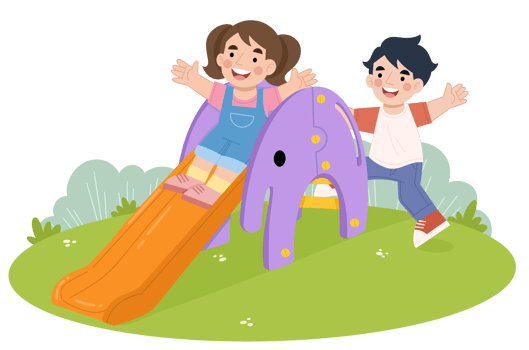Boy and girl playing on slide cartoon illustration png
