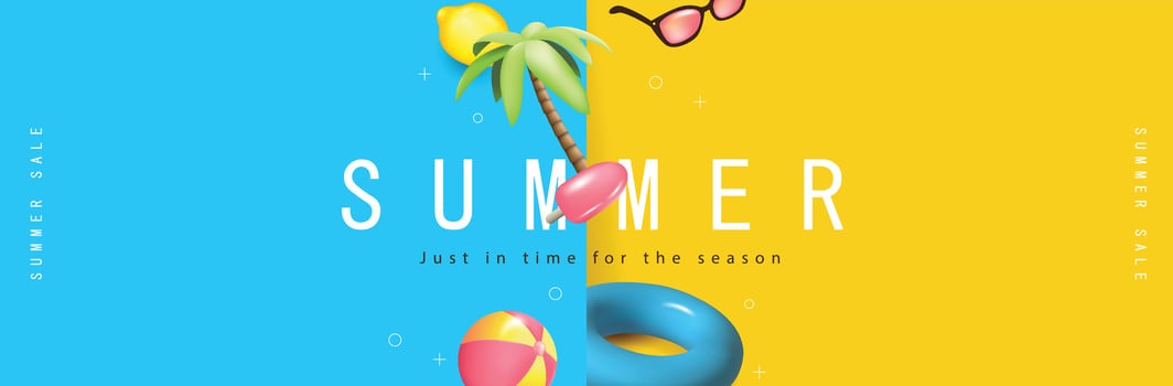 Colorful Summer sale promotion banner with summer tropical beach vibes decoration background vector
