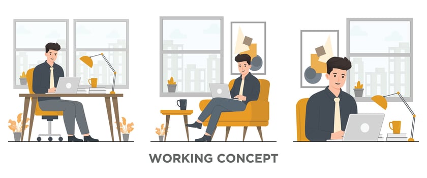 Flat people office workers working, desk set concept illustration vector