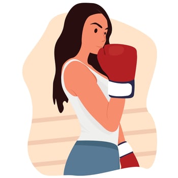 Flat female character in red boxing gloves hitting punching bag training hit vector
