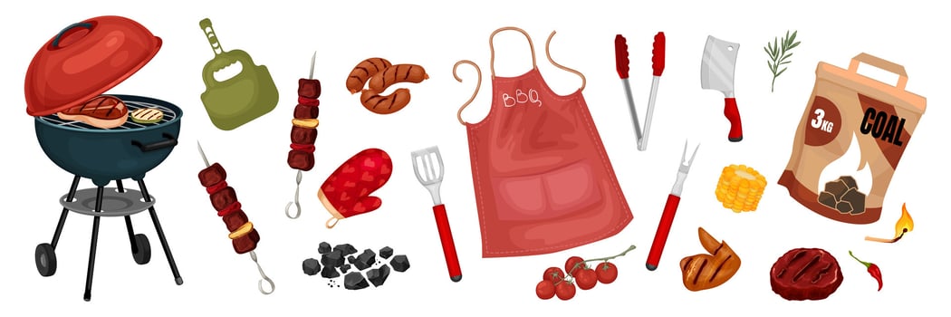 A complete set of products and accessories for BBQ. Indulge in premium meats, from juicy steaks to juicy burgers, and light up the flavors. illustration of picnic supplies. vector