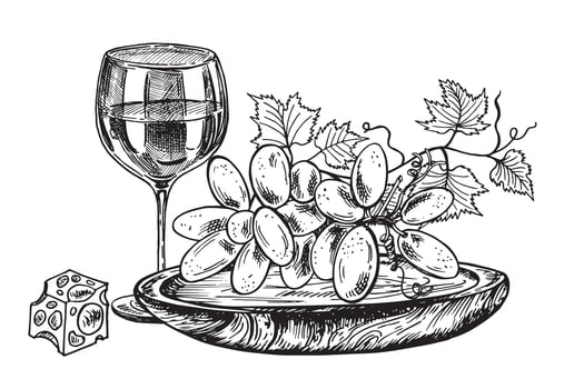 set of sketches of beverage and food on a white background. Wine glass grapevine leaf, a piece of cheese and the branches of the vine. Menu, design, flyer. web, restaurant vector