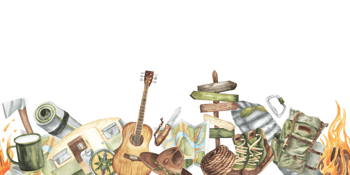 Endless border, banner seamless tent and fire in nature, in the field and in the mountains. Camping gear, hand drawn watercolor illustration. Backpack, tent, campfire, camping, guitar and chair png
