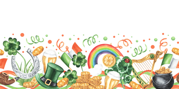 St. Patrick's Day watercolor seamless border. Rainbow, harp, pot of gold, coins money, clover, beer, flag of ireland. Hand drawn illustration . For print, design, invitations, etc. png