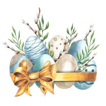 Easter composition with eggs, golden bow, willow twigs and green leaves. Hand drawn watercolor illustration. Boho style pale colors. For cards, design, invitation, packaging. png