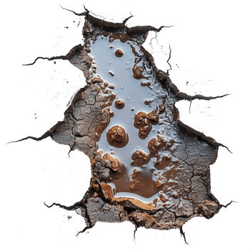 top view muddy puddle hole isolated on transparent background ,puddle hole with cracks , png