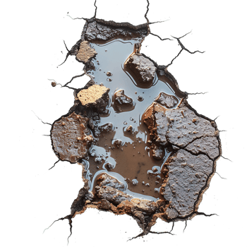 top view muddy puddle hole isolated on transparent background ,puddle hole with cracks , png