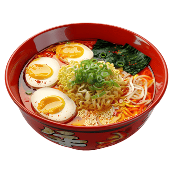 Bowl of ramen with a bowl of noodles and a fried egg on Transparent Background png