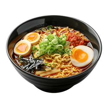 Bowl of ramen with a bowl of noodles and a fried egg on Transparent Background png