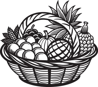 basket with fruits illustration black and white vector
