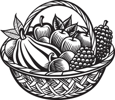 basket with fruits illustration black and white vector