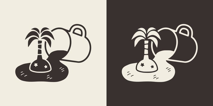 Illustration of spilled coffee and an island with a palm tree. Vintage beach vibes for printable products. vector