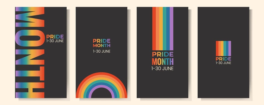 Set of LGBTQ pride month vertical banner, card, poster template with rainbow flag. Gay parade celebration. Illustration on black background vector